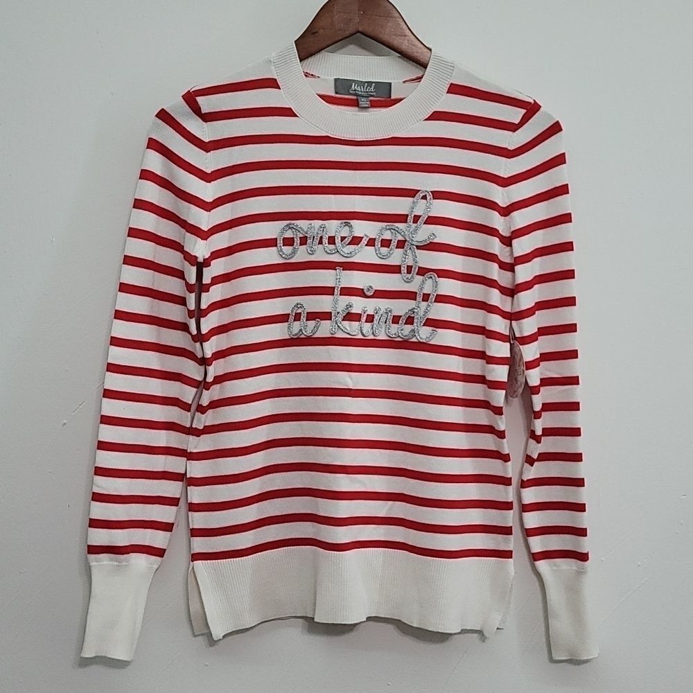 New Marled Red Striped Sweater "One Of A Kind" Size XS